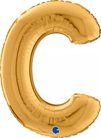 Gold Grabo foil balloon in the shape of the letter C, measuring 26 inches tall, suitable for celebrations and decorations.
