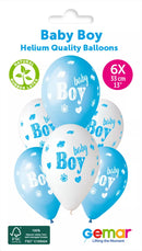 Set of six Gemar Baby Boy 13-inch latex printed balloons, featuring colorful designs perfect for baby shower decorations.