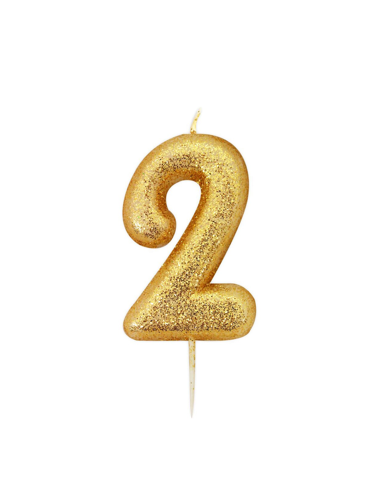 Creative Party glitter gold number 2 candle, 7cm tall, designed for birthday celebrations, with a shiny, festive appearance.