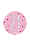 Pink Glitz 3-inch Unique Badge celebrating age 21 with shimmering design and bold lettering, perfect for special occasions.