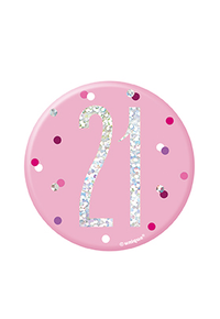 Pink Glitz 3-inch Unique Badge celebrating age 21 with shimmering design and bold lettering, perfect for special occasions.