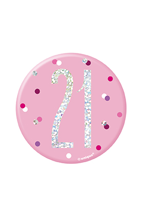 Pink Glitz 3-inch Unique Badge celebrating age 21 with shimmering design and bold lettering, perfect for special occasions.
