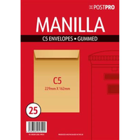 25pk Envelopes C5 162x229mm Manilla Gummed