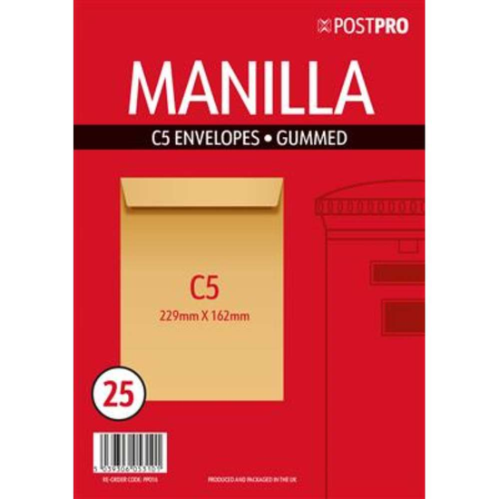 25pk Envelopes C5 162x229mm Manilla Gummed