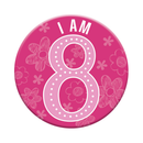 Six small Tiger Feet birthday badges with the number 8, featuring colorful designs and fun birthday-themed graphics.