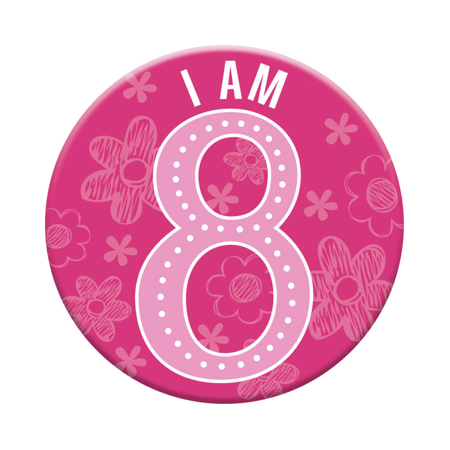 Six small Tiger Feet birthday badges with the number 8, featuring colorful designs and fun birthday-themed graphics.
