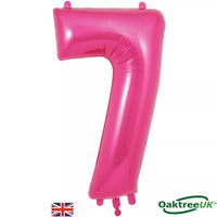 Pink 34-inch Oaktree foil balloon shaped as the number 7, featuring shiny metallic surfaces for celebration decorations.