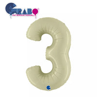 Olive green Grabo foil balloon shaped as the number 3, 40 inches tall, with shiny metallic surface and smooth edges.