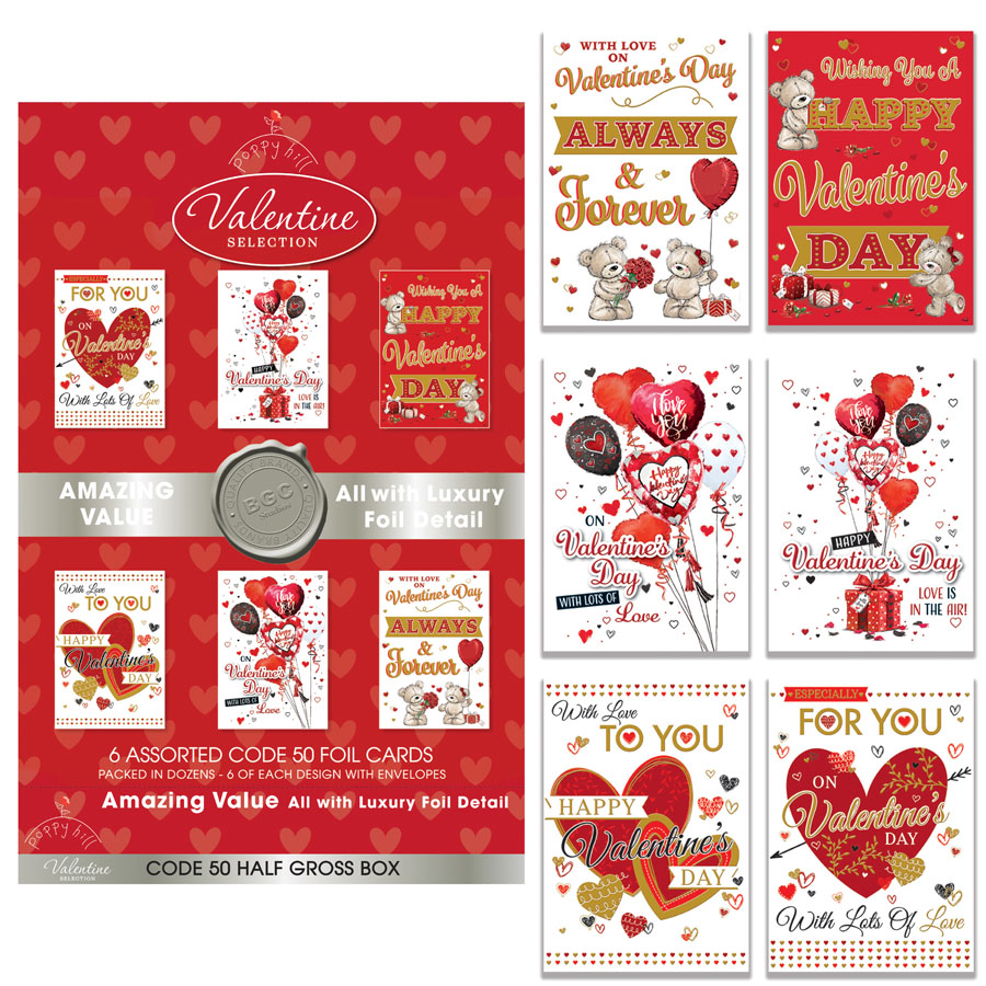 Set of 72 Poppyhill Valentine's Day assorted greeting cards, featuring colorful designs on various card sizes and styles.