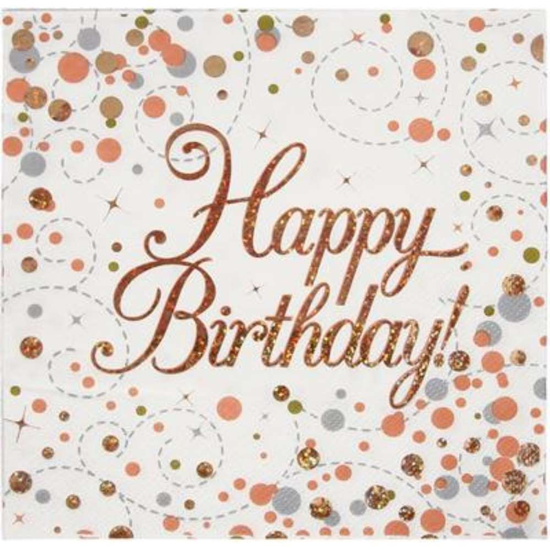 Oaktree Fizz Happy Birthday Rose Gold Napkins 16pk