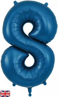 Oaktree navy blue foil balloon shaped as the number 8, 34 inches tall, with a shiny metallic finish and decorative design.