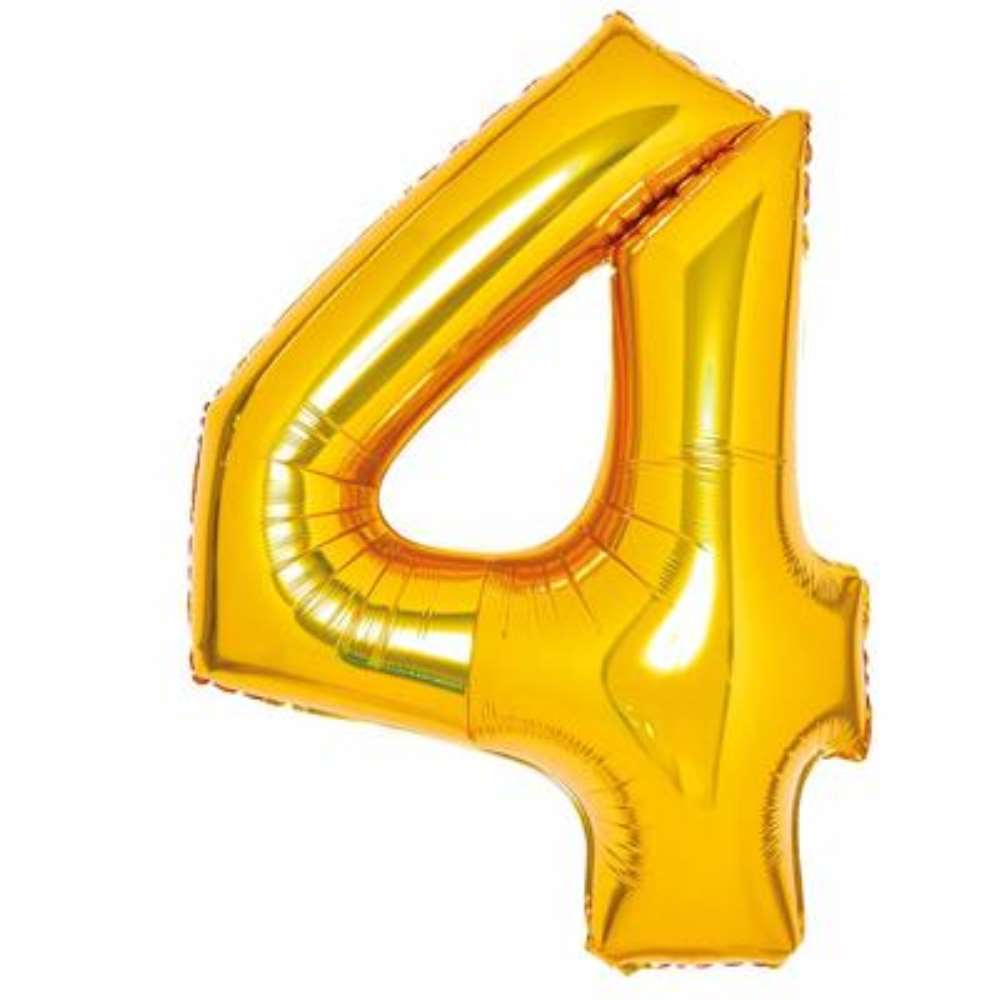 Gold 34-inch Anagram foil balloon shaped as the number 4, featuring shiny metallic finish and designed for celebrations.