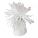 White Kalisan tassel balloon weight with decorative tassels, used to secure helium or air-filled balloons.