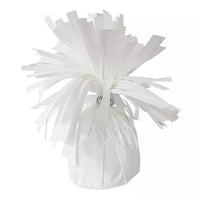 White Kalisan tassel balloon weight with decorative tassels, used to secure helium or air-filled balloons.