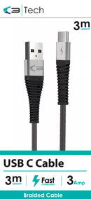 Braided USB C cable by Vibe Centre, 3 meters long, durable and flexible for charging and data transfer in electronics.