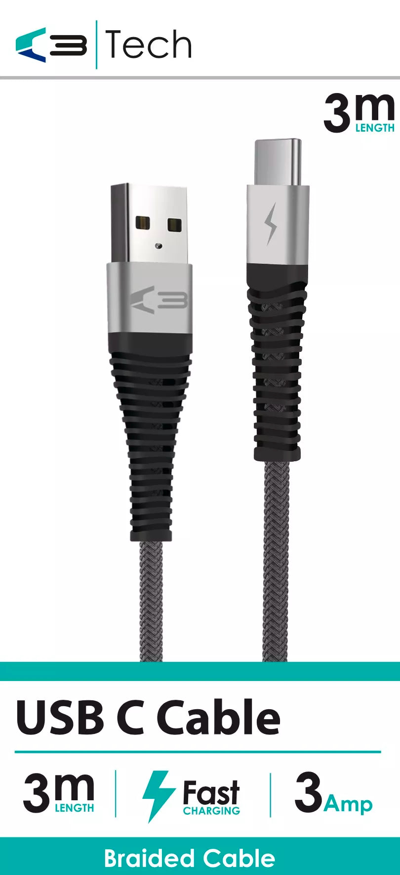 Braided USB C cable by Vibe Centre, 3 meters long, durable and flexible for charging and data transfer in electronics.