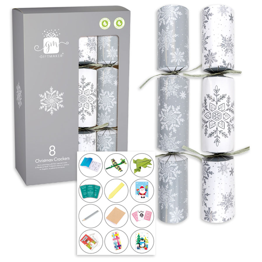Eight silver and white 12-inch cracker party accessories by IG Design Group, featuring festive designs for celebrations.