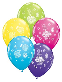Assorted 11-inch Qualatex latex balloons with cupcake and star prints, set of 25 for celebrations and parties.