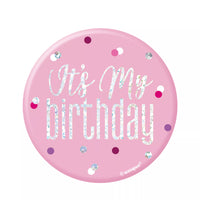 Pink Glitz Happy Birthday badge by Unique, 3-inch decorative badge with glittery pink design and celebratory message.