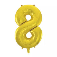 Gold Anagram foil balloon shaped as the number 8, 34 inches tall, perfect for celebrations and parties.