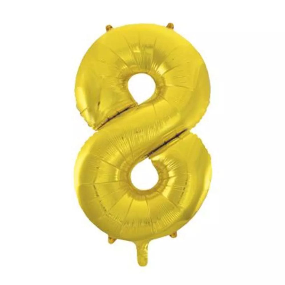 Gold Anagram foil balloon shaped as the number 8, 34 inches tall, perfect for celebrations and parties.