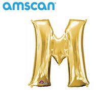 Gold foil letter M balloon, 16-inch size, from Anagram, with shiny metallic surface and classic letter M design.