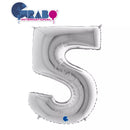 Silver Grabo foil balloon in the shape of the number 5, 40 inches tall, with shiny metallic finish and festive appearance.