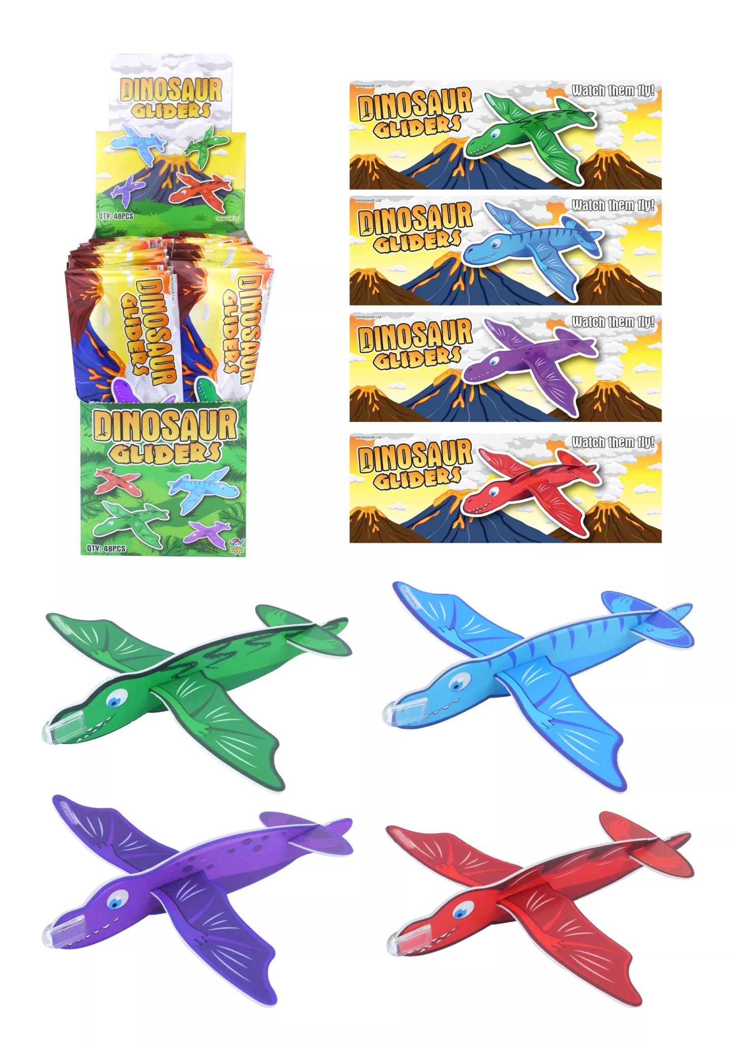 Colorful dinosaur glider party favors, 17cm size, set of 48, by Henbrandt, ideal for kids' celebrations and party decorations.