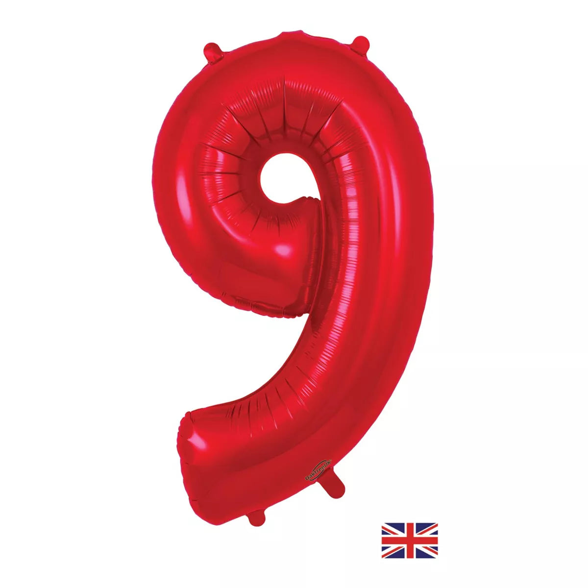 Oaktree red foil balloon in the shape of the number 9, 34 inches tall, with shiny metallic finish for celebrations