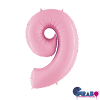 Pastel pink 26-inch Grabo foil number 9 balloon floating against a white background.