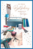 Six Simon Elvin C50 birthday greeting cards with open designs, featuring colorful and cheerful illustrations for special occasions.