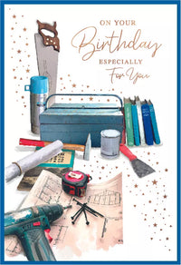Six Simon Elvin C50 birthday greeting cards with open designs, featuring colorful and cheerful illustrations for special occasions.