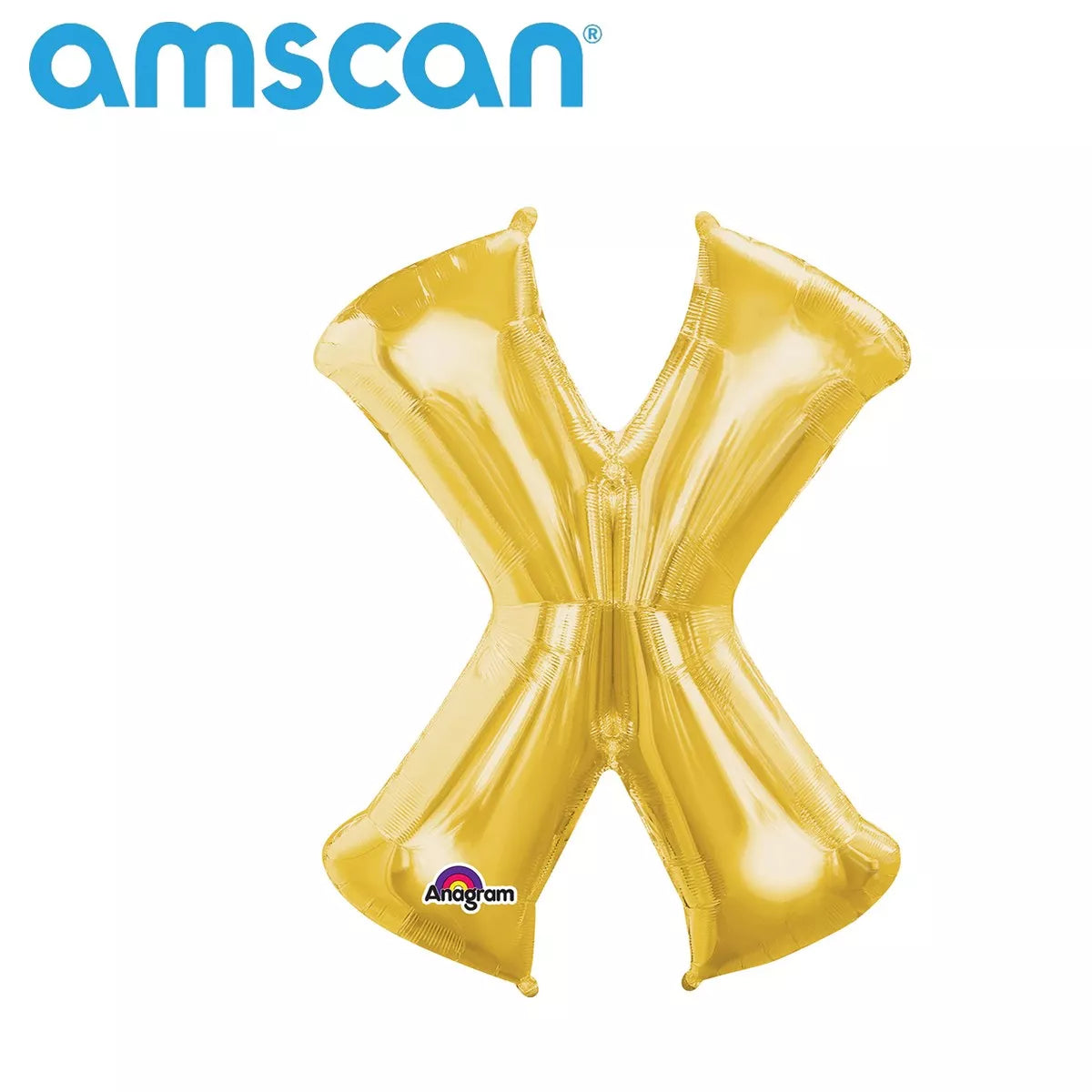 Gold 16-inch Anagram foil balloon shaped as the letter X, shiny metallic finish, floating in the air.