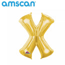 Gold 16-inch Anagram foil balloon shaped as the letter X, shiny metallic finish, floating in the air.