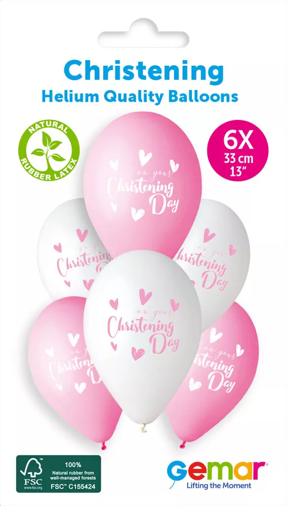 Set of six Gemar latex printed balloons featuring Christening Girl design, 13-inch size for celebration decorations.