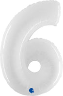 Shiny white 40-inch Grabo foil balloon shaped as the number 6, with reflective metallic surface and smooth rounded design.