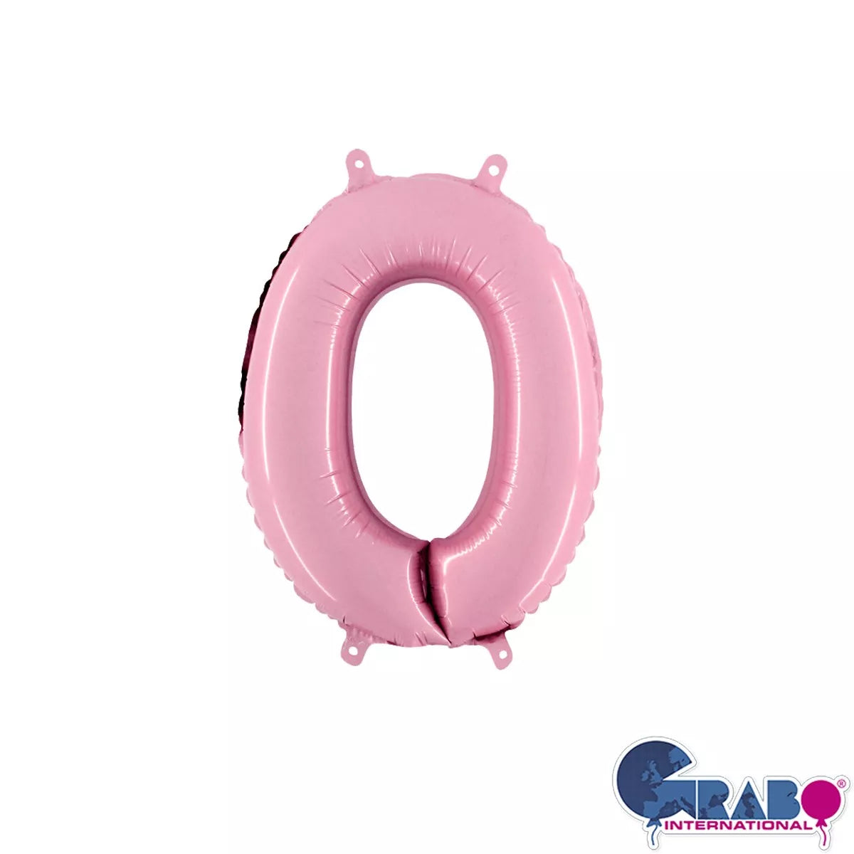 Pastel pink Grabo foil number 0 balloon, 14-inch size, shiny metallic finish, designed for celebration and decoration.