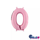 Pastel pink Grabo foil number 0 balloon, 14-inch size, shiny metallic finish, designed for celebration and decoration.
