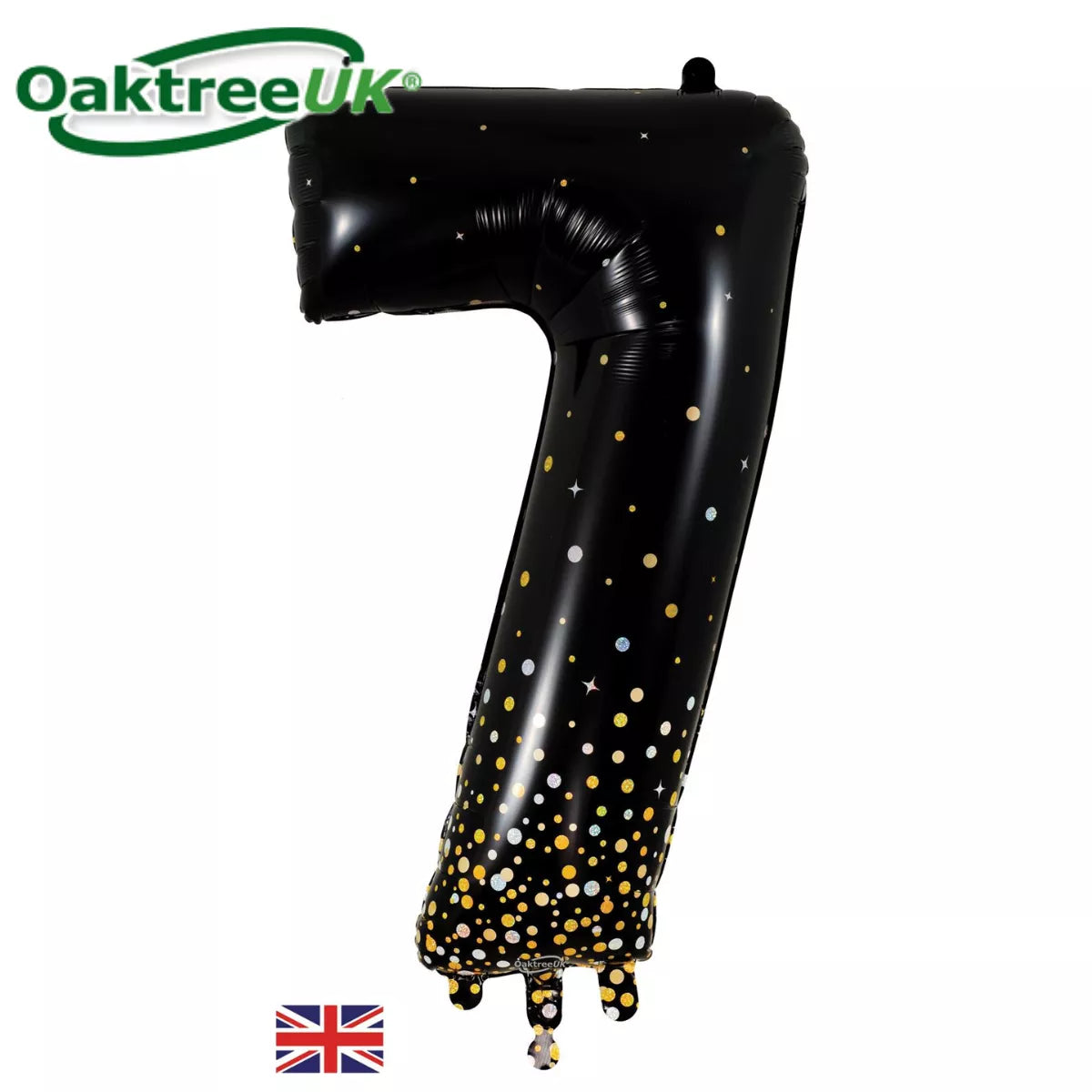 Oaktree black and gold foil balloon shaped as the number 7, measuring 34 inches, with shiny metallic finish.