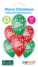 Gemar Merry Christmas 13-inch printed latex balloons, set of 6 with festive holiday designs for Christmas celebrations.