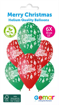 Gemar Merry Christmas 13-inch printed latex balloons, set of 6 with festive holiday designs for Christmas celebrations.