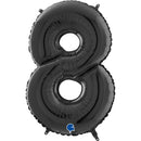 Black Grabo foil balloon shaped as the number 8, measuring 26 inches, with shiny metallic surface for celebration events.
