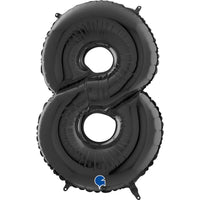 Black Grabo foil balloon shaped as the number 8, measuring 26 inches, with shiny metallic surface for celebration events.