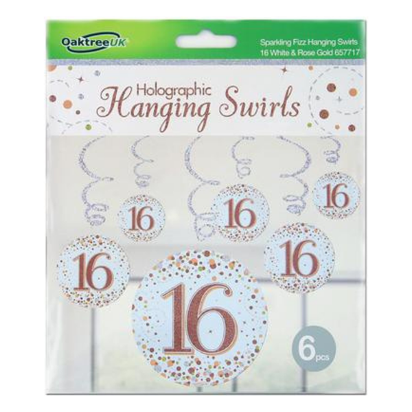 Oaktree Age 16 Fizz Rose Gold Hanging Swirls 6pk