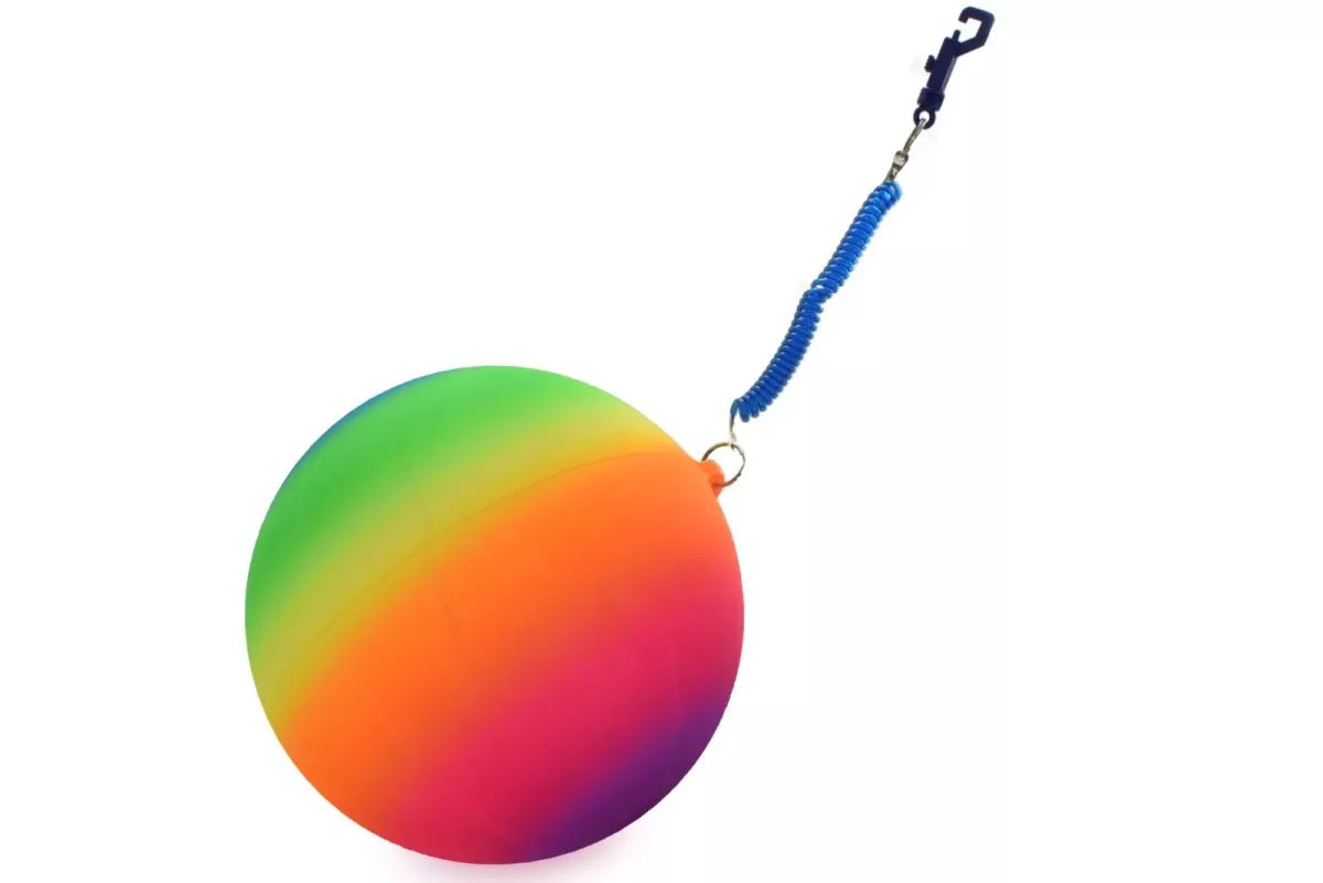 Neon rainbow ball with keychain, 10-inch toy from Kandy Toys, featuring vibrant colors and a portable design.