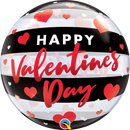 Qualatex Valentine's Stripes 22-inch bubble balloon with red and pink stripes, inflated and floating against a white background.