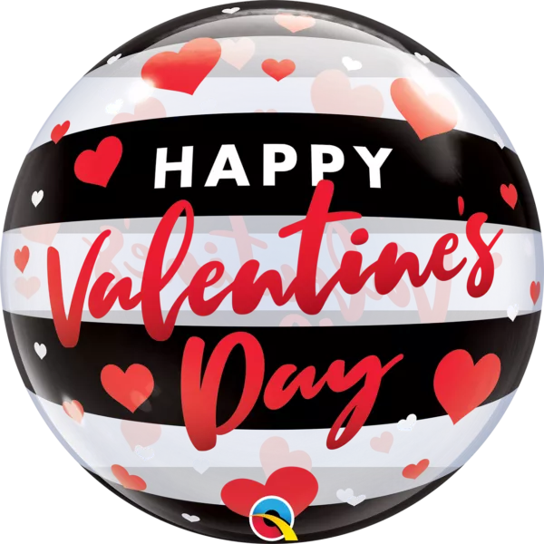 Qualatex Valentine's Stripes 22-inch bubble balloon with red and pink stripes, inflated and floating against a white background.