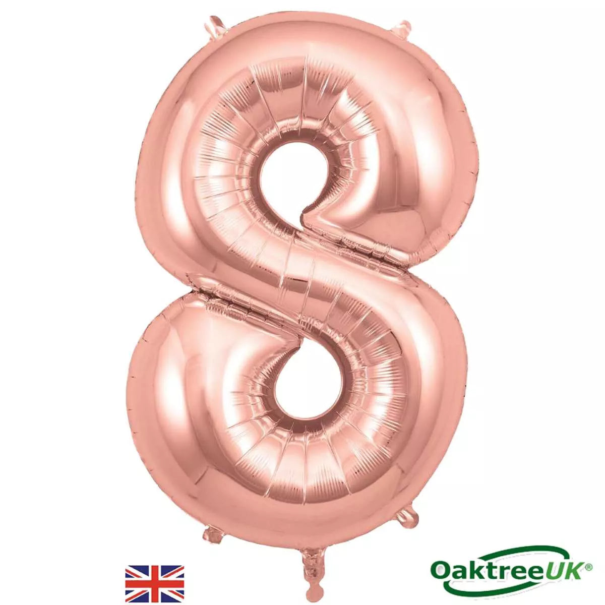 Oaktree Rose Gold foil number 8 balloon, 34 inches tall, with shiny metallic finish and decorative design for celebration.