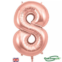 Oaktree Rose Gold foil number 8 balloon, 34 inches tall, with shiny metallic finish and decorative design for celebration.