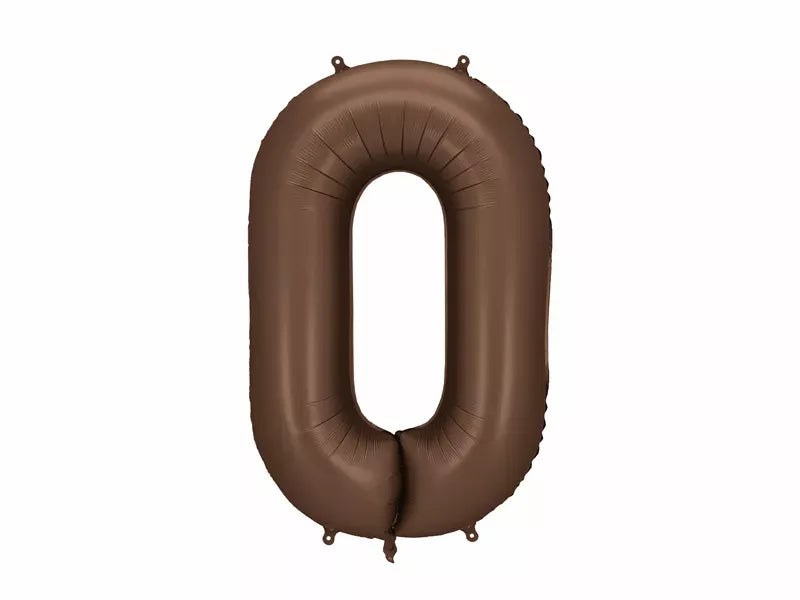 PartyDeco foil balloon in satin mocha with number 0, 34 inches tall, designed for celebrations and party decorations.